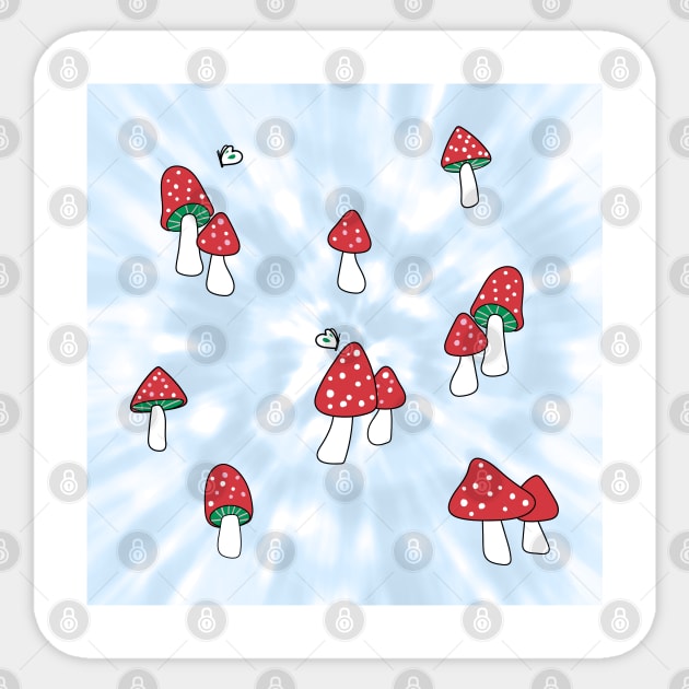 Aesthetic Red Hatted Mushrooms and Butterflies on a Light Blue Pastel Tie Dye Background Sticker by YourGoods